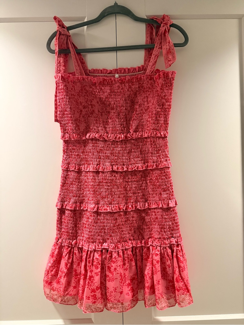 Smocked Tie-Shoulder Tiered Mini Dress in Bright Pink